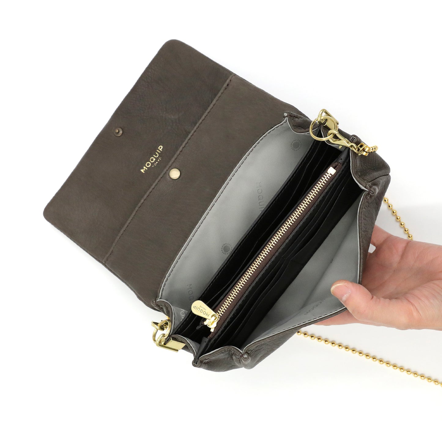 MOQUIP CLUTCH PURSE brass button GRAY